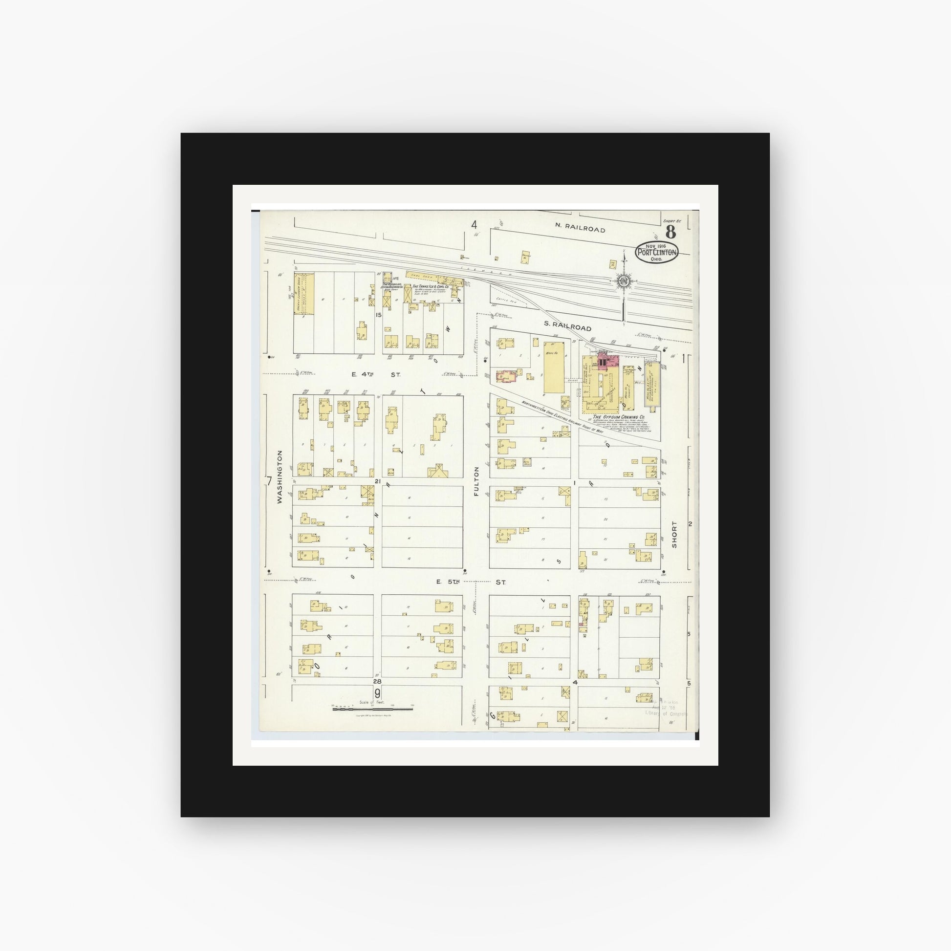 Old map wall art mockup — black gallery frame with white mat — Sanborn Fire Insurance Map from Port Clinton, Ottawa County, Ohio (1916), Sheet #0008