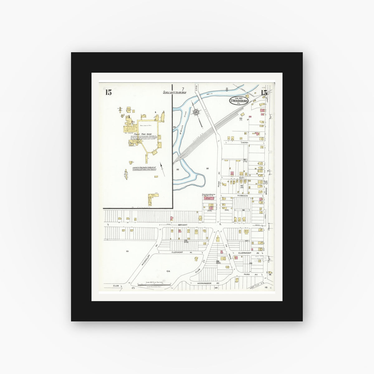 Old map wall art mockup — black gallery frame with white mat — Sanborn Fire Insurance Map from Stroudsburg, Monroe County, Pennsylvania (1923), Sheet #0015