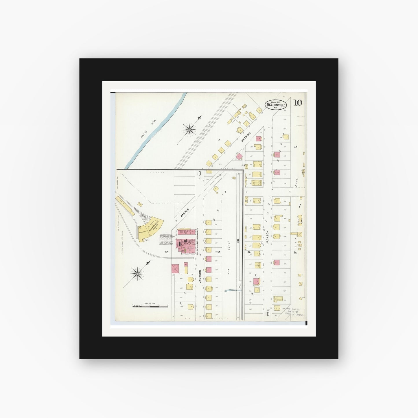 Old map wall art mockup — black gallery frame with white mat — Sanborn Fire Insurance Map from Nelsonville, Athens County, Ohio (1907), Sheet #0010