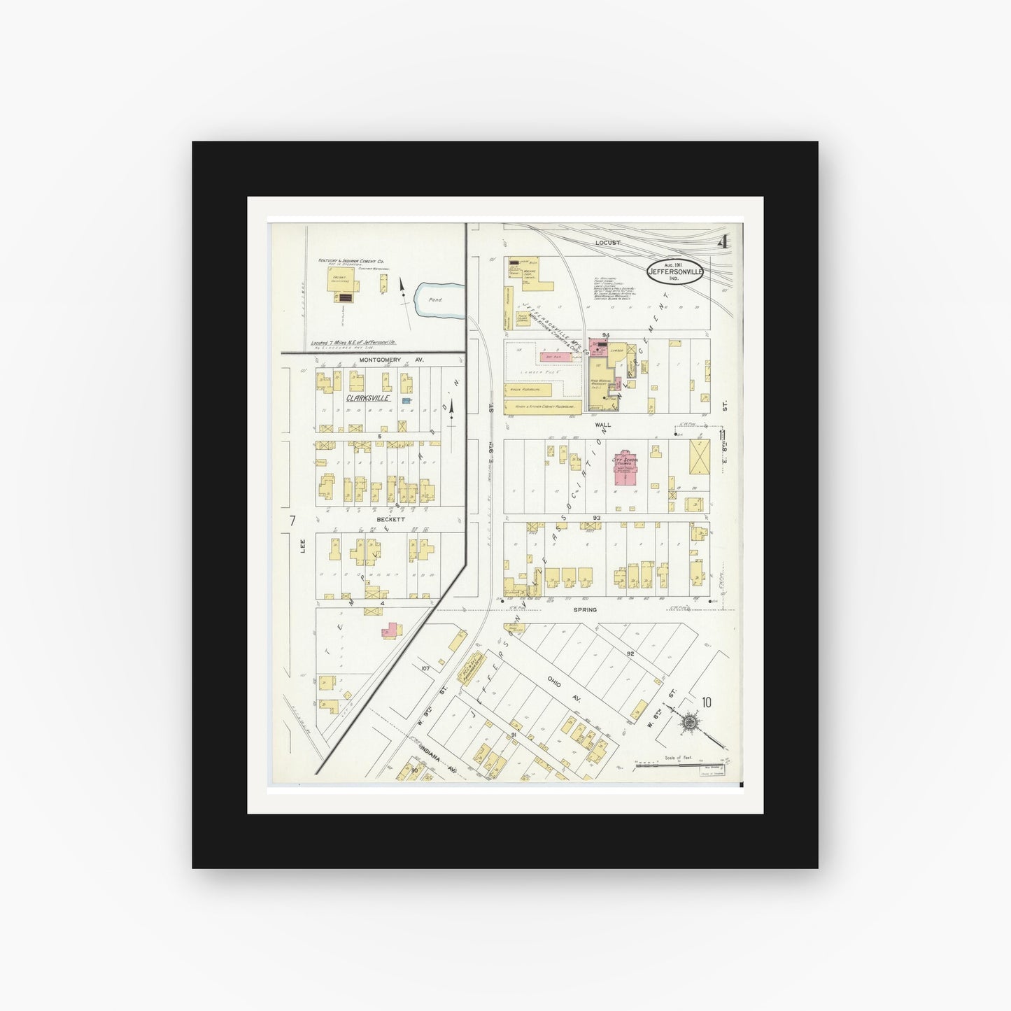 Old map wall art mockup — black gallery frame with white mat — Sanborn Fire Insurance Map from Jeffersonville, Clark County, Indiana (1911), Sheet #0004