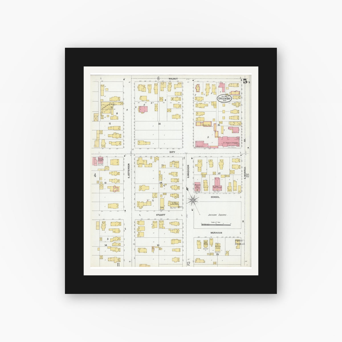 Old map wall art mockup — black gallery frame with white mat — Sanborn Fire Insurance Map from Green Bay, Brown County, Wisconsin (1900), Sheet #0005