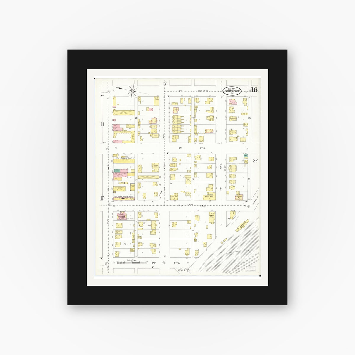 Old map wall art mockup — black gallery frame with white mat — Sanborn Fire Insurance Map from Fort Dodge, Webster County, Iowa (1907), Sheet #0016