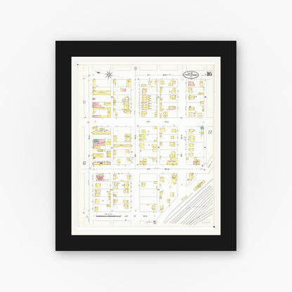 Old map wall art mockup — black gallery frame with white mat — Sanborn Fire Insurance Map from Fort Dodge, Webster County, Iowa (1907), Sheet #0016