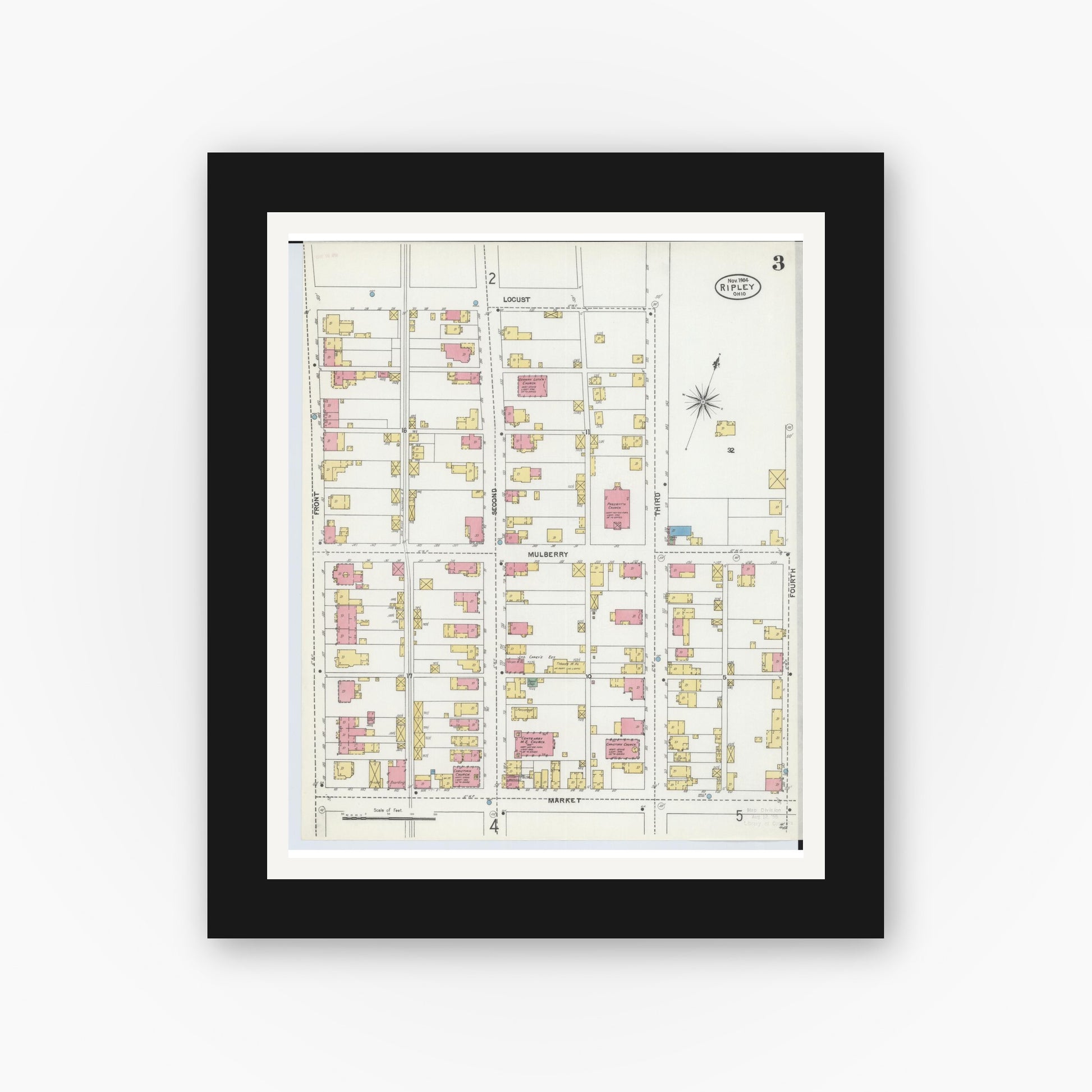 Old map wall art mockup — black gallery frame with white mat — Sanborn Fire Insurance Map from Ripley, Brown County, Ohio (1904), Sheet #0003