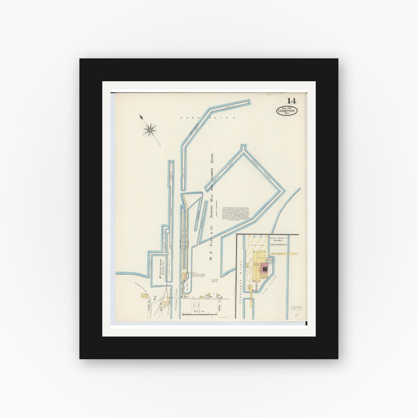 Old map wall art mockup — black gallery frame with white mat — Sanborn Fire Insurance Map from Cheboygan, Cheboygan County, Michigan (1907), Sheet #0014