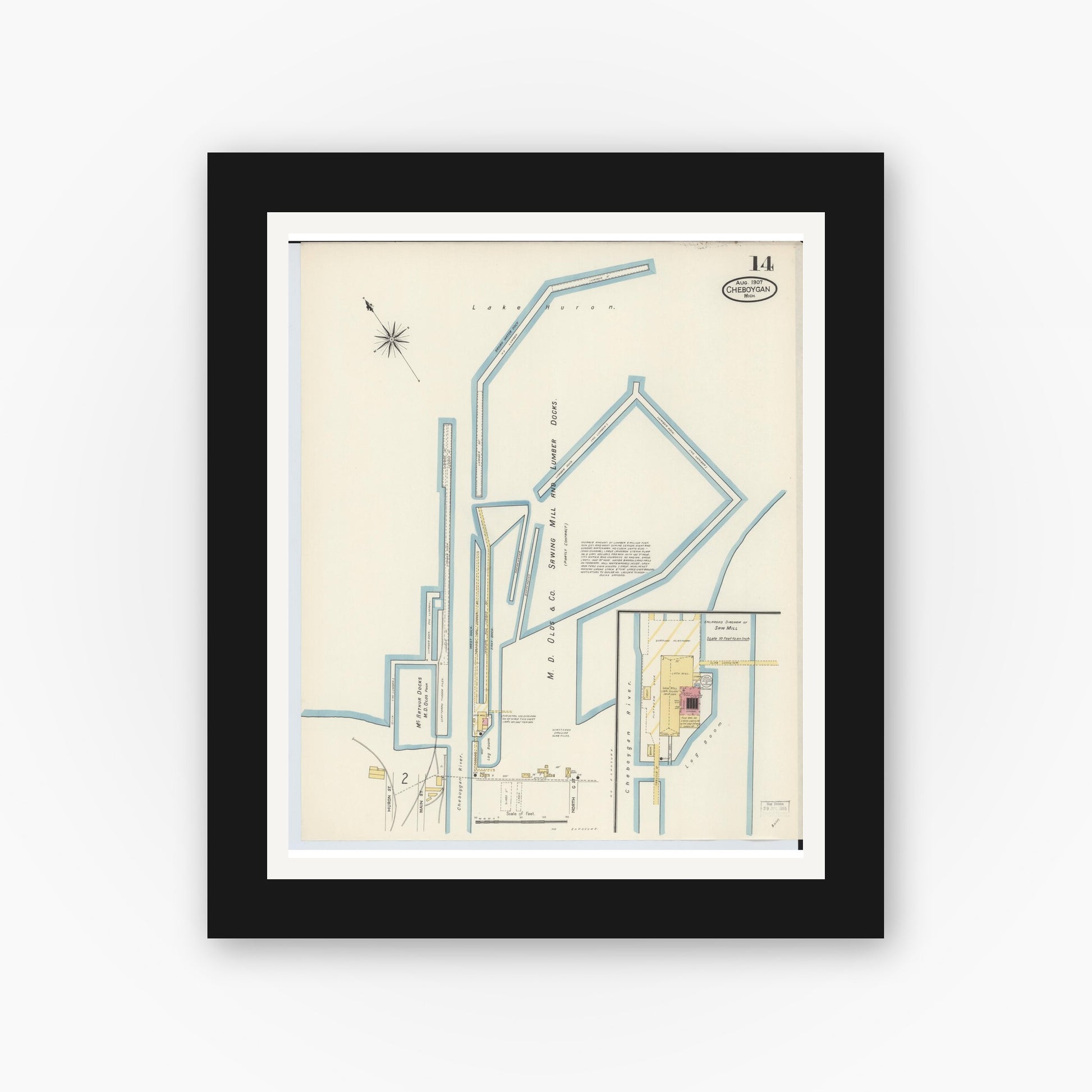 Old map wall art mockup — black gallery frame with white mat — Sanborn Fire Insurance Map from Cheboygan, Cheboygan County, Michigan (1907), Sheet #0014
