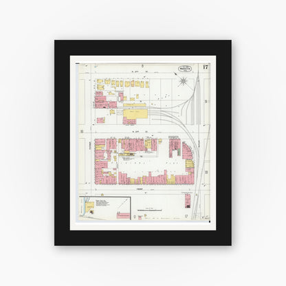 Old map wall art mockup — black gallery frame with white mat — Sanborn Fire Insurance Map from Marietta, Washington County, Ohio (1900), Sheet #0017