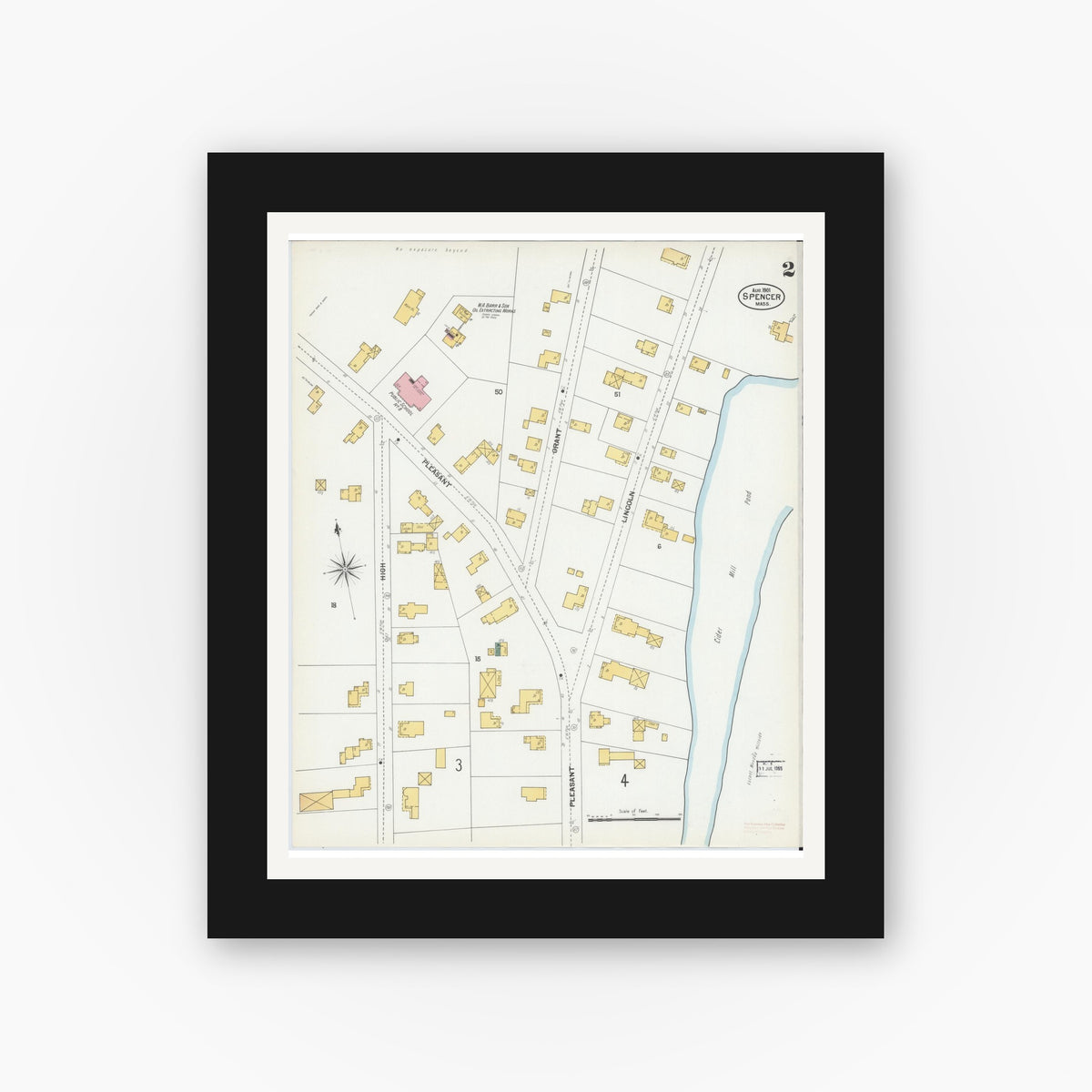 Old map wall art mockup — black gallery frame with white mat — Sanborn Fire Insurance Map from Spencer, Worcester County, Massachusetts (1901), Sheet #0002