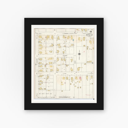 Old map wall art mockup — black gallery frame with white mat — Sanborn Fire Insurance Map from Danville, Hendricks County, Indiana (1932), Sheet #0009