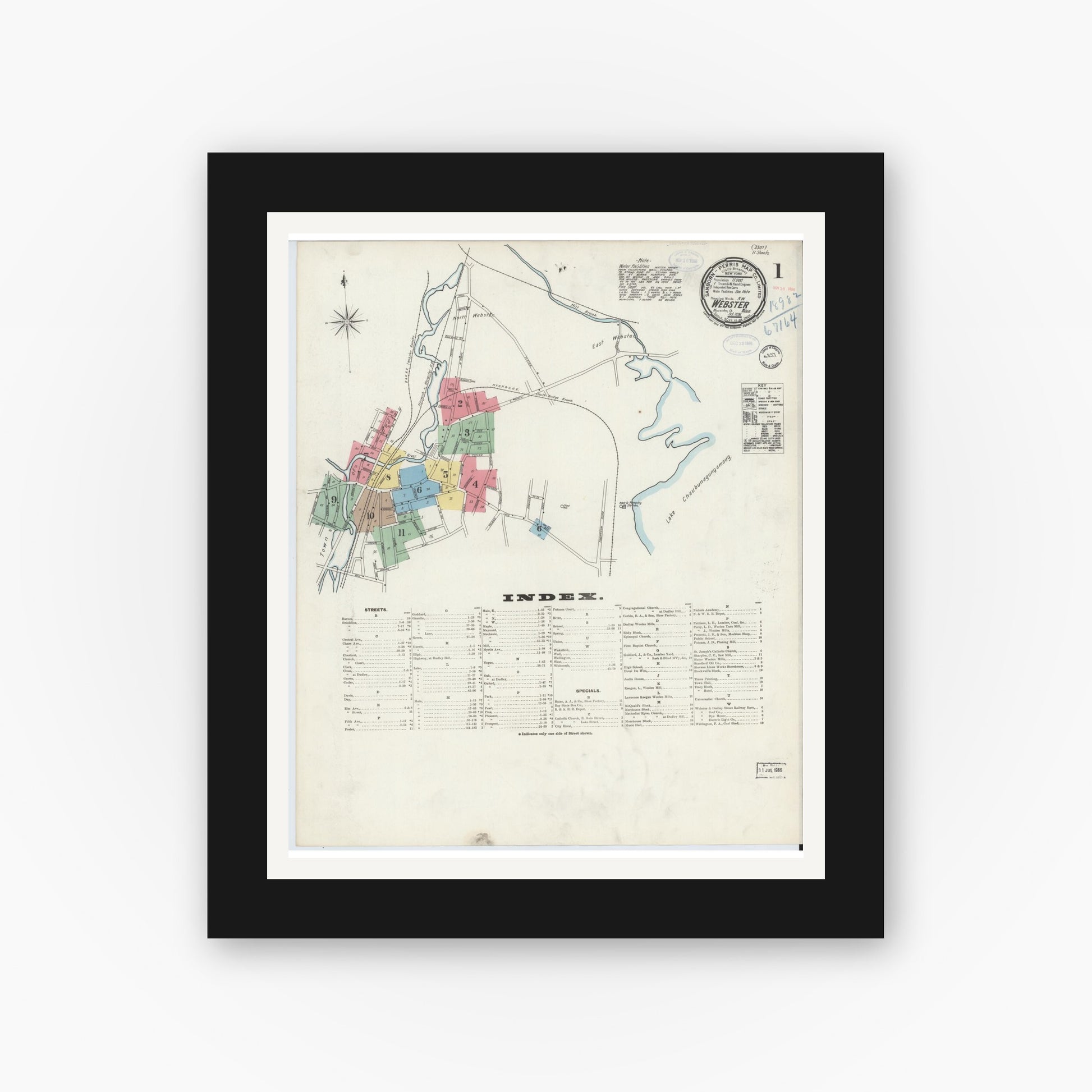 Old map wall art mockup — black gallery frame with white mat — Sanborn Fire Insurance Map from Webster, Worcester County, Massachusetts (1898), Sheet #0001