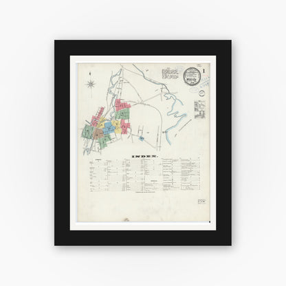 Old map wall art mockup — black gallery frame with white mat — Sanborn Fire Insurance Map from Webster, Worcester County, Massachusetts (1898), Sheet #0001