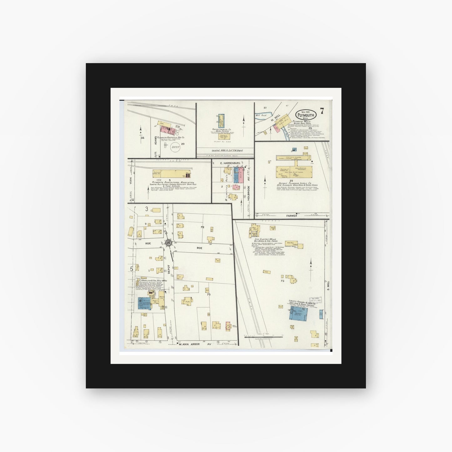Old map wall art mockup — black gallery frame with white mat — Sanborn Fire Insurance Map from Plymouth, Wayne County, Michigan (1918), Sheet #0007