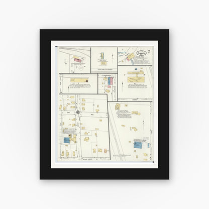 Old map wall art mockup — black gallery frame with white mat — Sanborn Fire Insurance Map from Plymouth, Wayne County, Michigan (1918), Sheet #0007