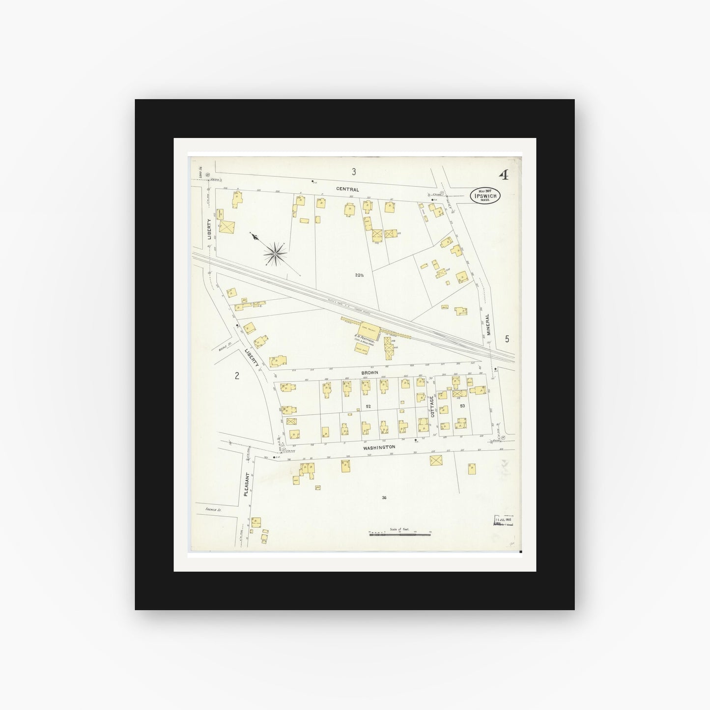 Old map wall art mockup — black gallery frame with white mat — Sanborn Fire Insurance Map from Ipswich, Essex County, Massachusetts (1907), Sheet #0004