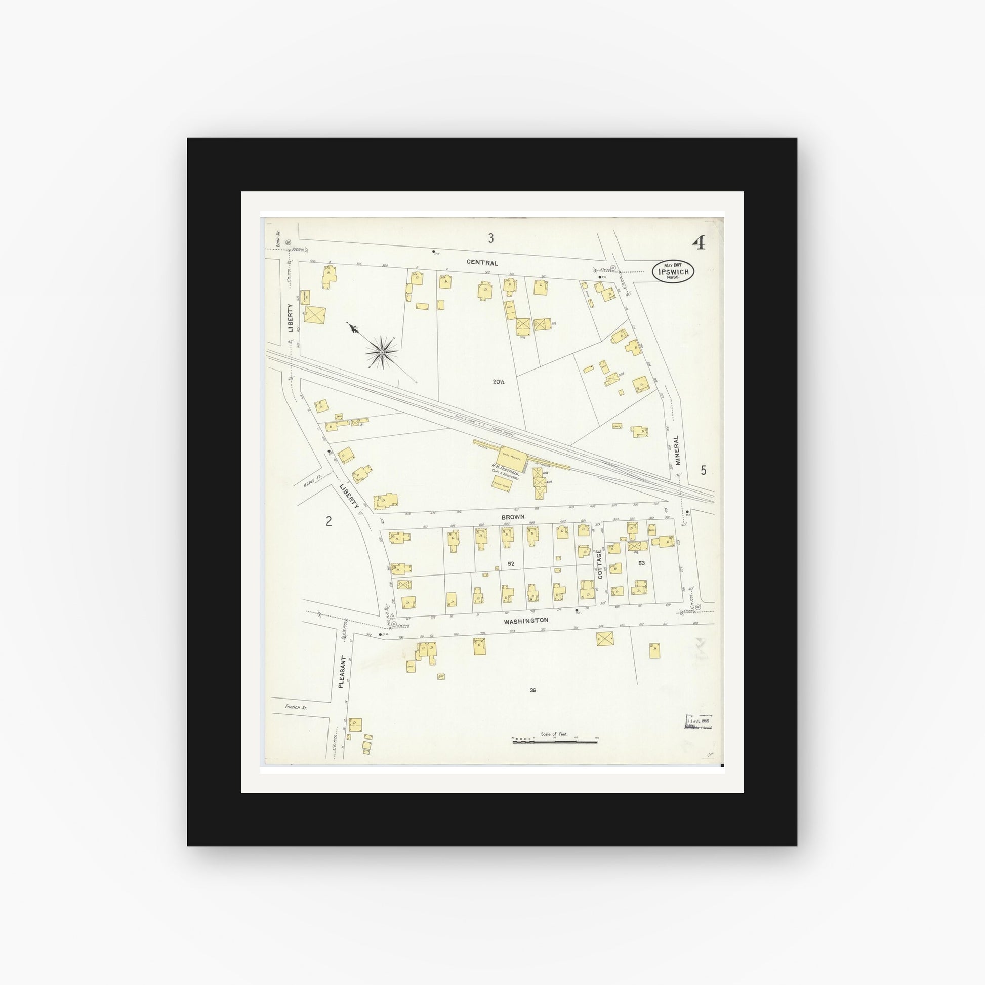Old map wall art mockup — black gallery frame with white mat — Sanborn Fire Insurance Map from Ipswich, Essex County, Massachusetts (1907), Sheet #0004