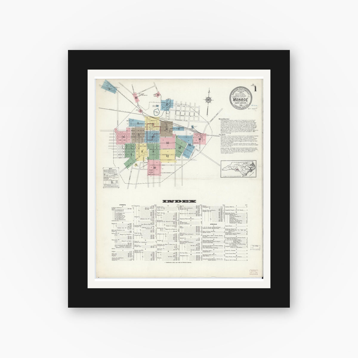 Old map wall art mockup — black gallery frame with white mat — Sanborn Fire Insurance Map from Monroe, Union County, North Carolina (1914), Sheet #0001