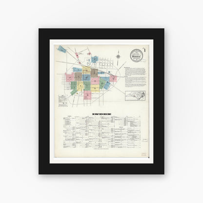 Old map wall art mockup — black gallery frame with white mat — Sanborn Fire Insurance Map from Monroe, Union County, North Carolina (1914), Sheet #0001