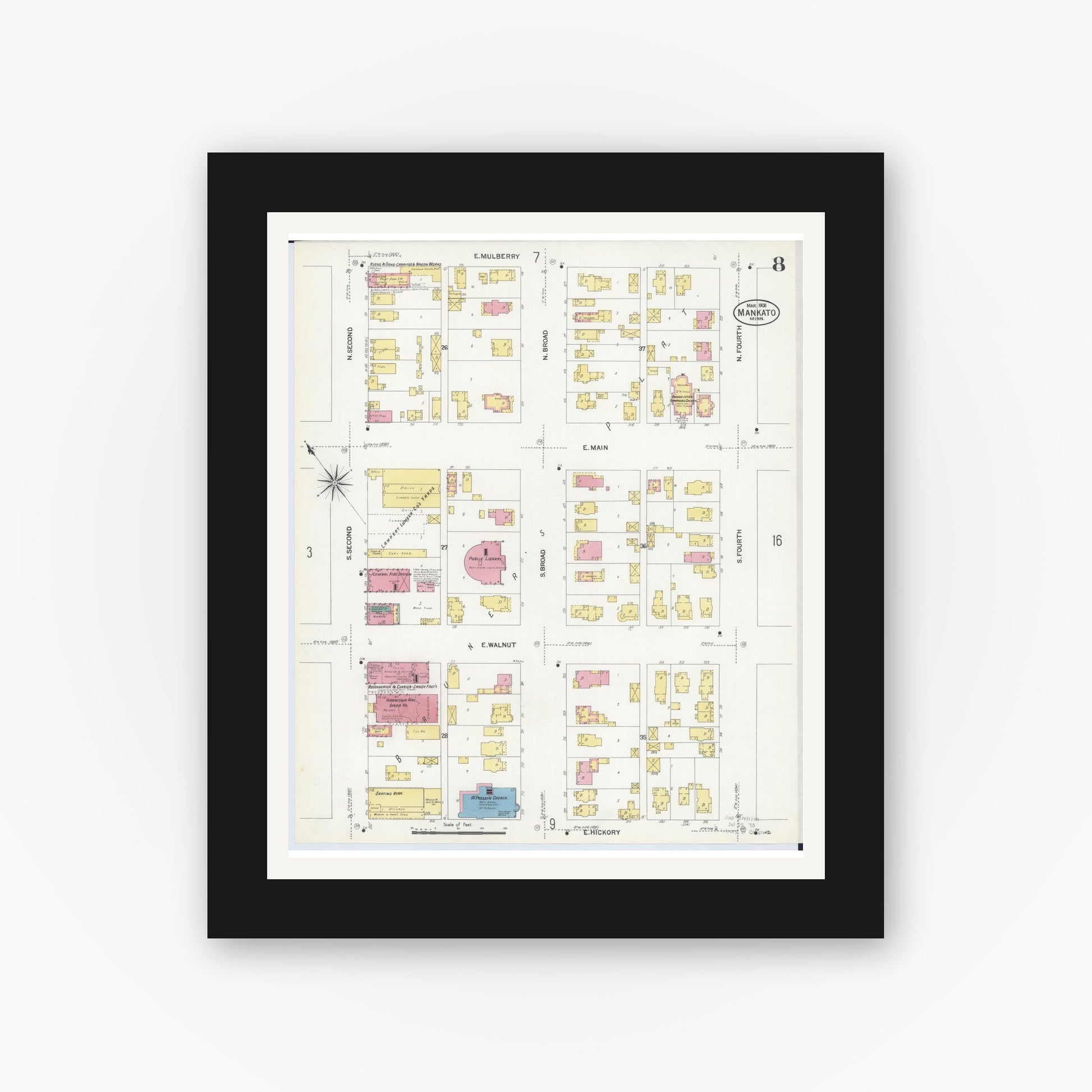 Old map wall art mockup — black gallery frame with white mat — Sanborn Fire Insurance Map from Mankato, Blue Earth County, Minnesota (1908), Sheet #0008