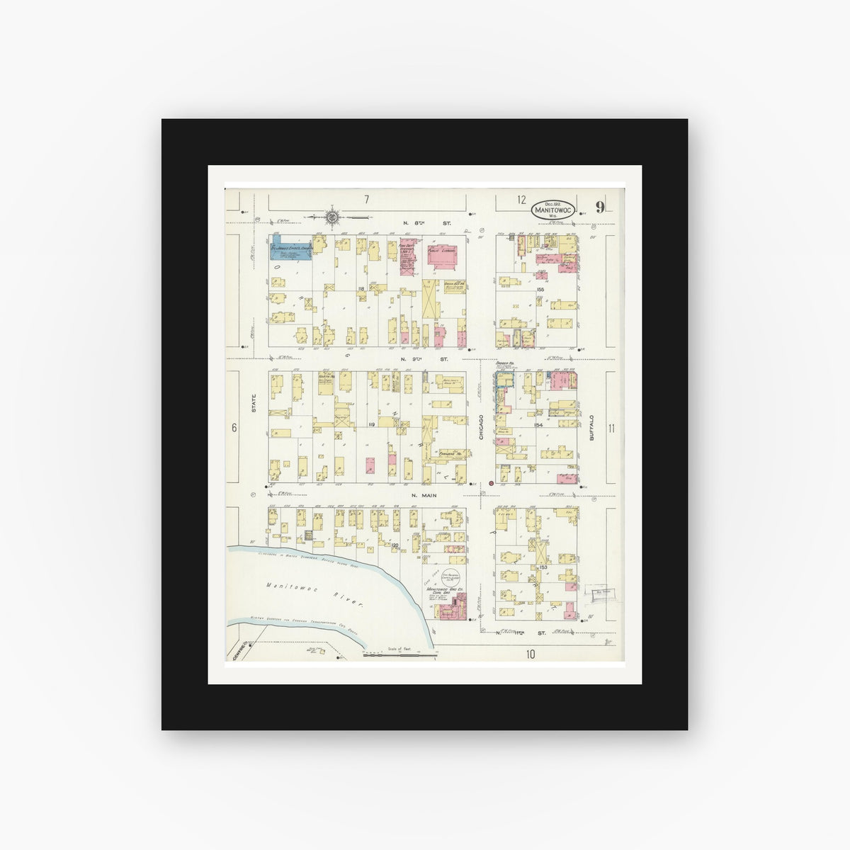 Old map wall art mockup — black gallery frame with white mat — Sanborn Fire Insurance Map from Manitowoc, Manitowoc County, Wisconsin (1912), Sheet #0009