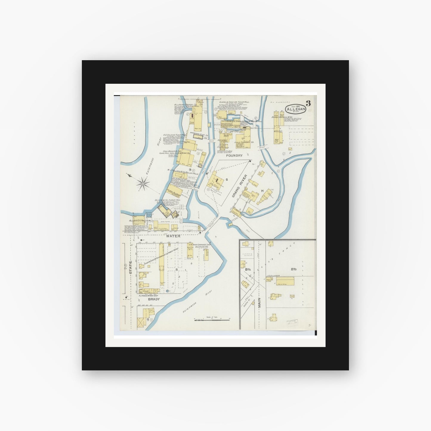 Old map wall art mockup — black gallery frame with white mat — Sanborn Fire Insurance Map from Allegan, Allegan County, Michigan (1893), Sheet #0003