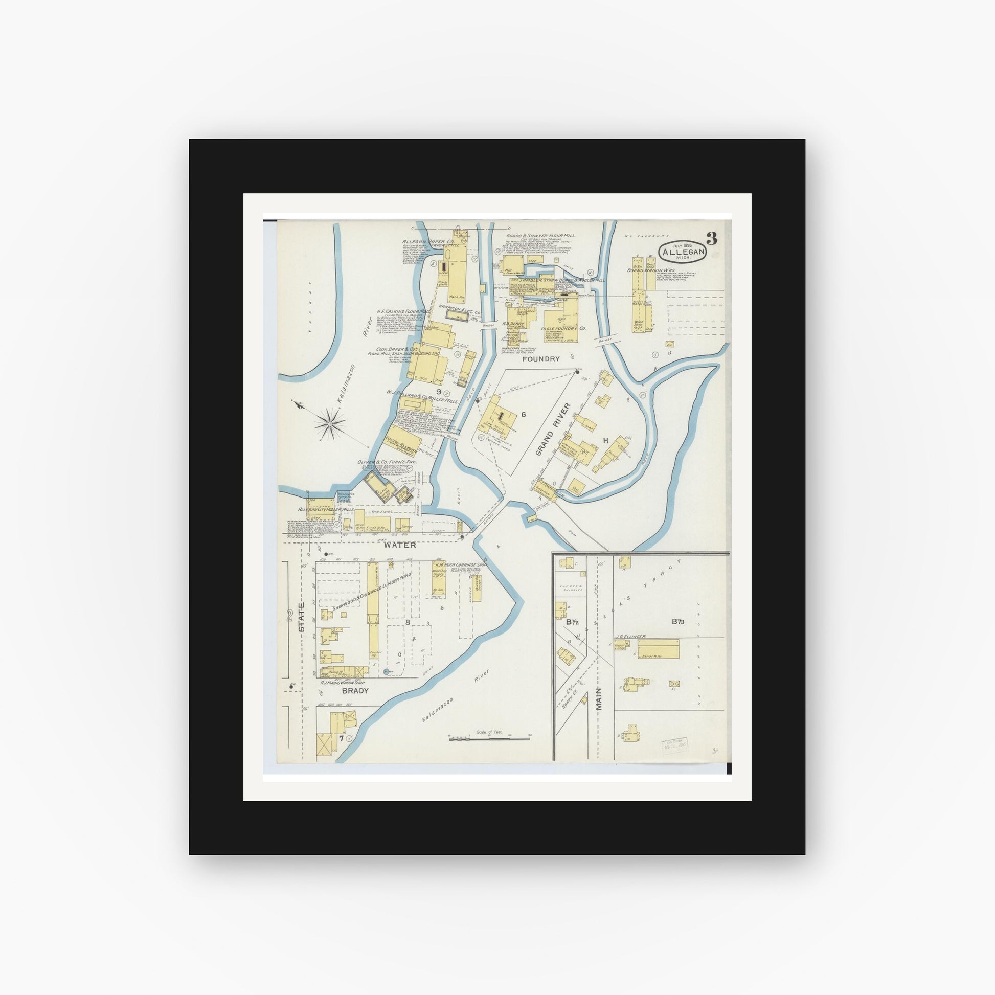 Old map wall art mockup — black gallery frame with white mat — Sanborn Fire Insurance Map from Allegan, Allegan County, Michigan (1893), Sheet #0003