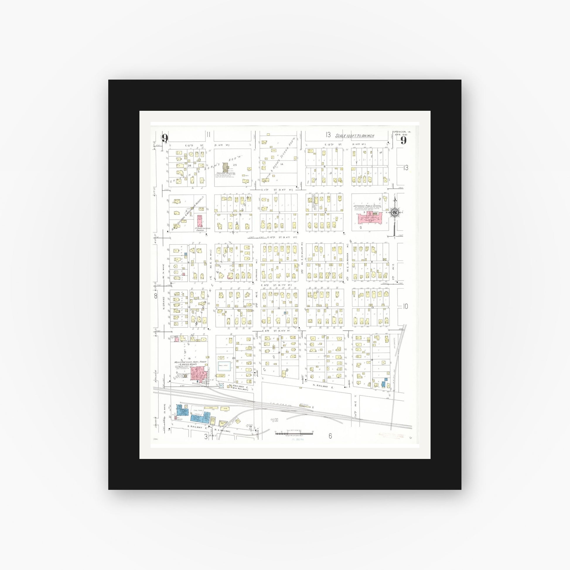Old map wall art mockup — black gallery frame with white mat — Sanborn Fire Insurance Map from Spencer, Clay County, Iowa (1941), Sheet #0009