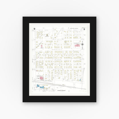 Old map wall art mockup — black gallery frame with white mat — Sanborn Fire Insurance Map from Spencer, Clay County, Iowa (1941), Sheet #0009