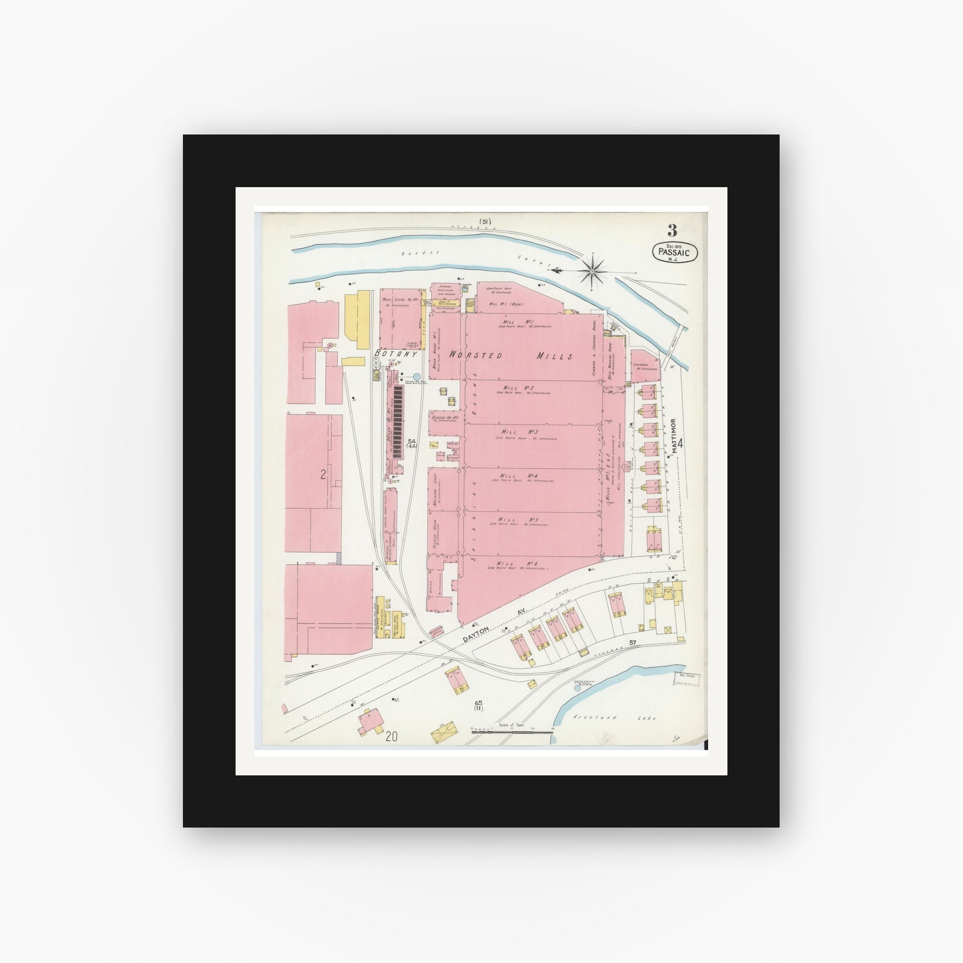 Old map wall art mockup — black gallery frame with white mat — Sanborn Fire Insurance Map from Passaic, Passaic County, New Jersey (1903), Sheet #0003