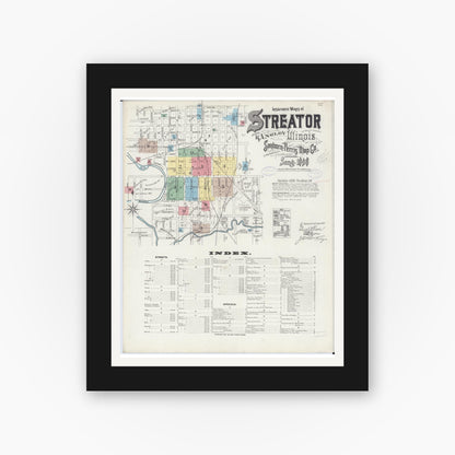 Old map wall art mockup — black gallery frame with white mat — Sanborn Fire Insurance Map from Streator, La Salle County, Illinois (1898) - Complete Map Set