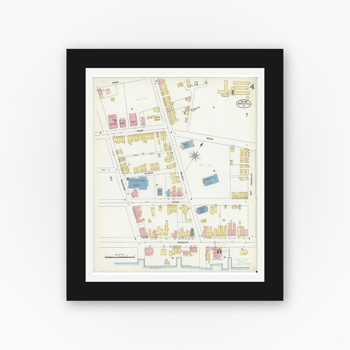 Old map wall art mockup — black gallery frame with white mat — Sanborn Fire Insurance Map from Bristol, Bucks County, Pennsylvania (1903), Sheet #0004