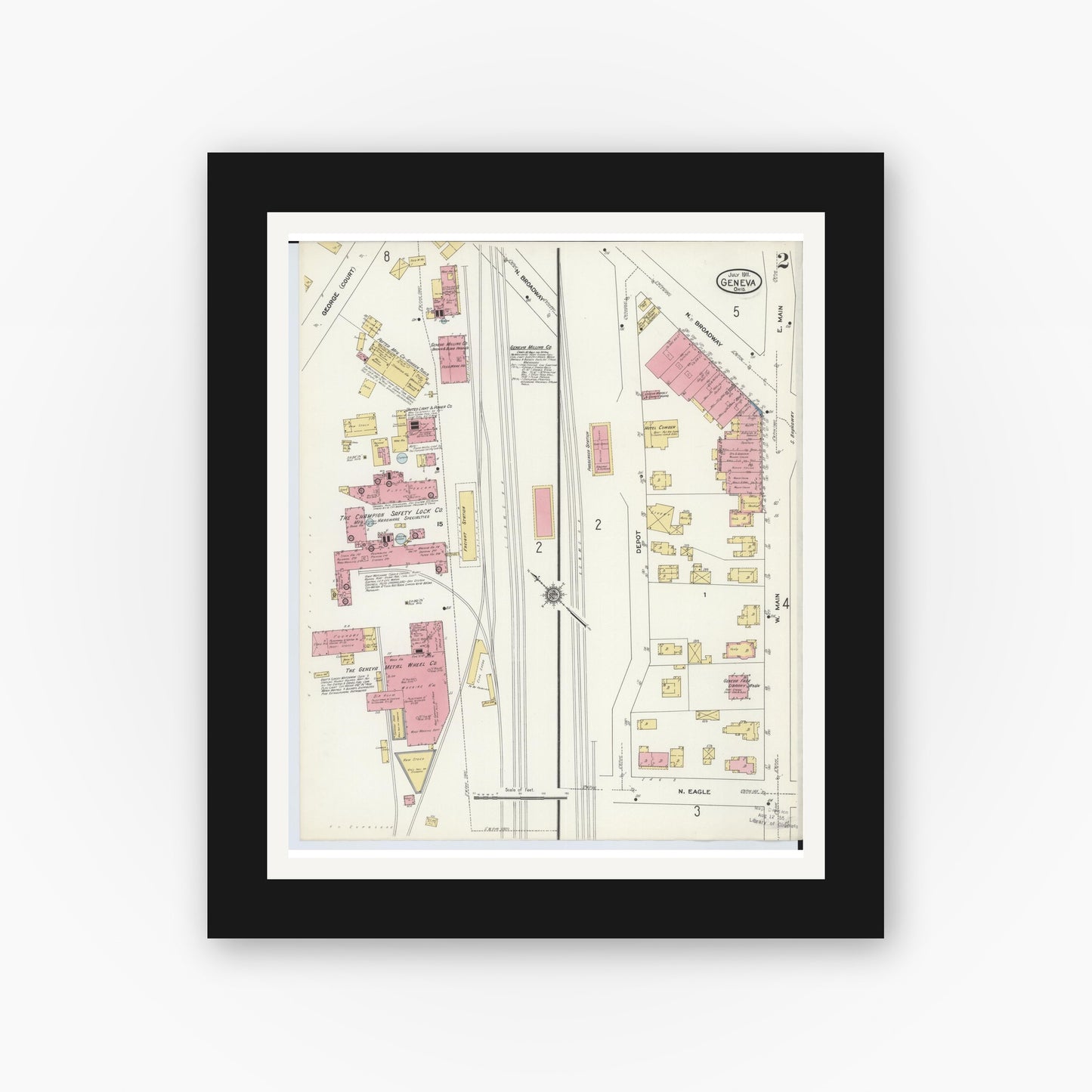 Old map wall art mockup — black gallery frame with white mat — Sanborn Fire Insurance Map from Geneva, Ashtabula County, Ohio (1911), Sheet #0002