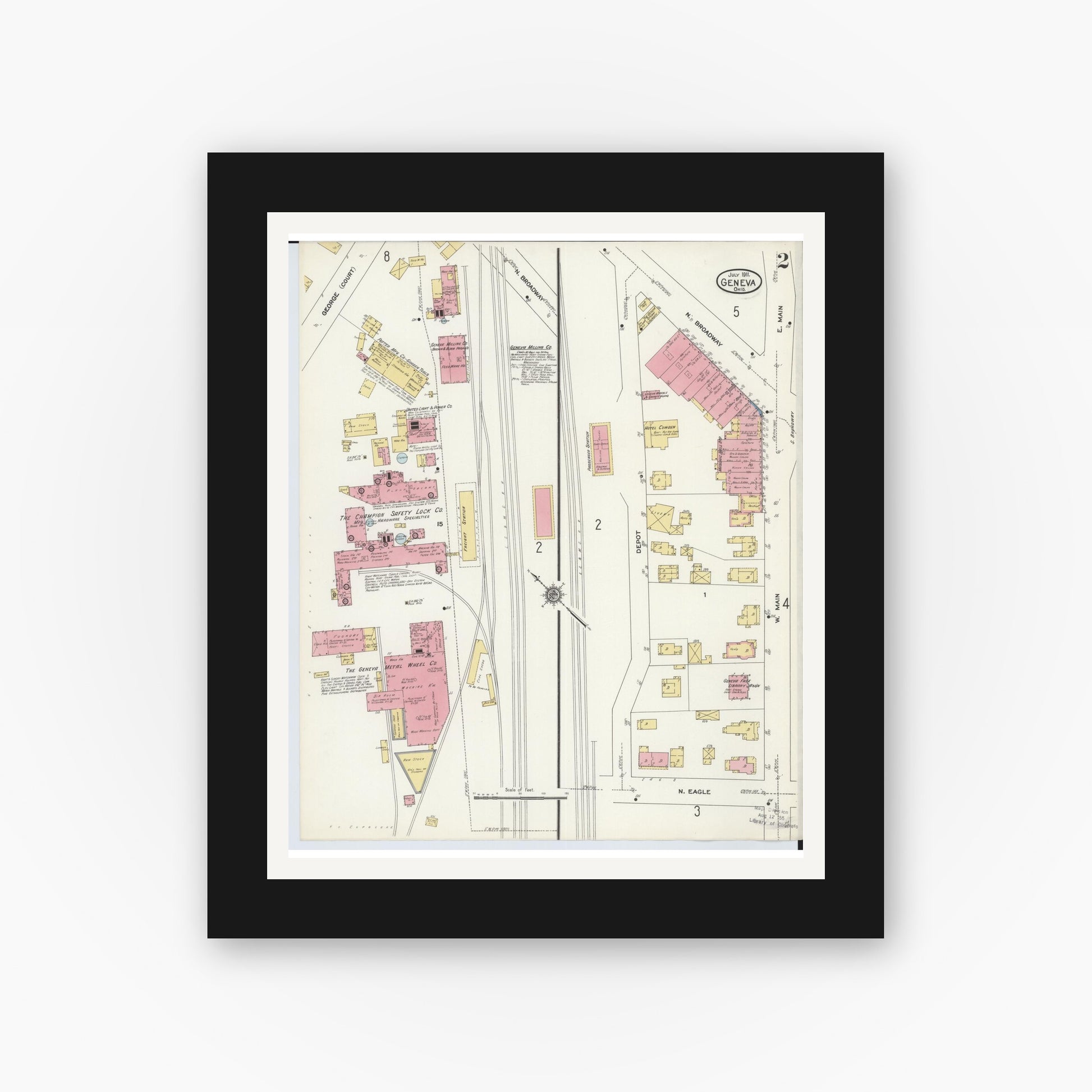 Old map wall art mockup — black gallery frame with white mat — Sanborn Fire Insurance Map from Geneva, Ashtabula County, Ohio (1911), Sheet #0002