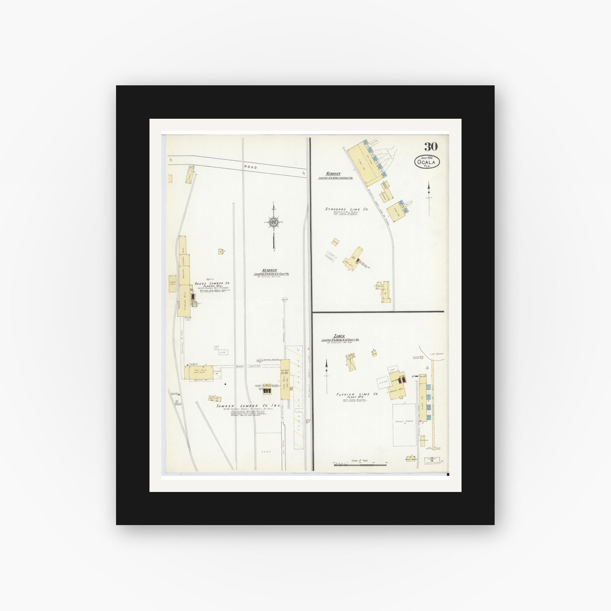 Old map wall art mockup — black gallery frame with white mat — Sanborn Fire Insurance Map from Ocala, Marion County, Florida (1912), Sheet #0030