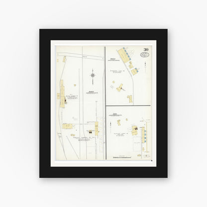Old map wall art mockup — black gallery frame with white mat — Sanborn Fire Insurance Map from Ocala, Marion County, Florida (1912), Sheet #0030