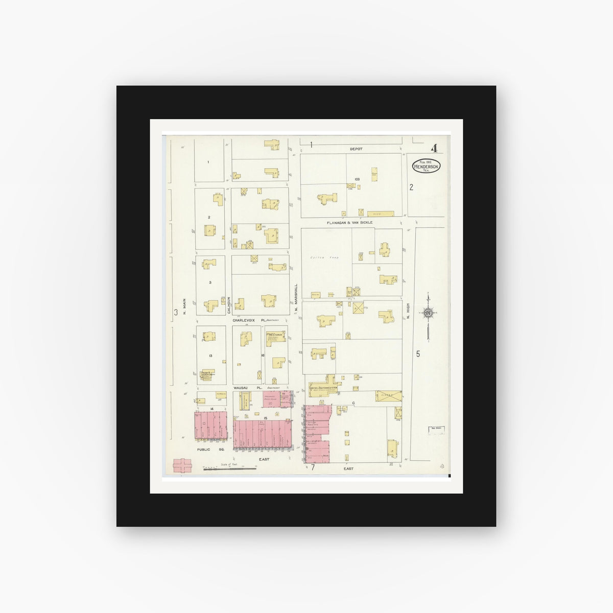 Old map wall art mockup — black gallery frame with white mat — Sanborn Fire Insurance Map from Henderson, Rusk County, Texas (1912), Sheet #0004