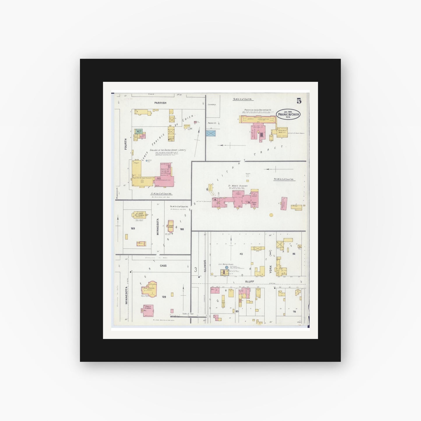 Old map wall art mockup — black gallery frame with white mat — Sanborn Fire Insurance Map from Prairie du Chien, Crawford County, Wisconsin (1905), Sheet #0005