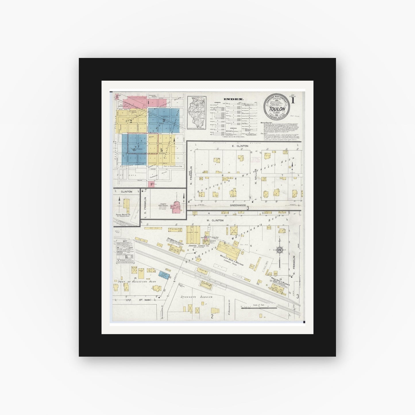 Old map wall art mockup — black gallery frame with white mat — Sanborn Fire Insurance Map from Toulon, Stark County, Illinois (1913) - Complete Map Set