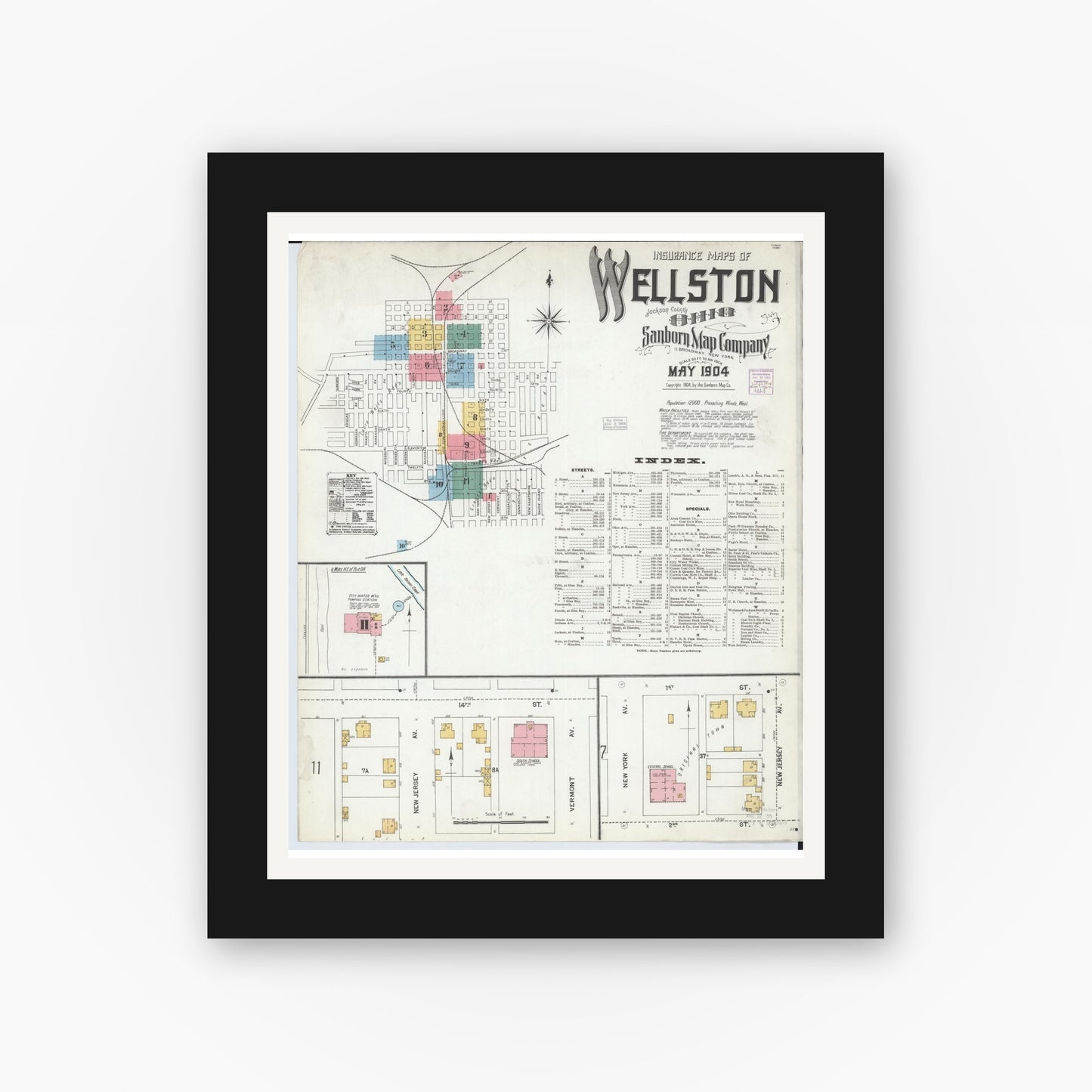 Old map wall art mockup — black gallery frame with white mat — Sanborn Fire Insurance Map from Wellston, Jackson County, Ohio (1904) - Complete Map Set