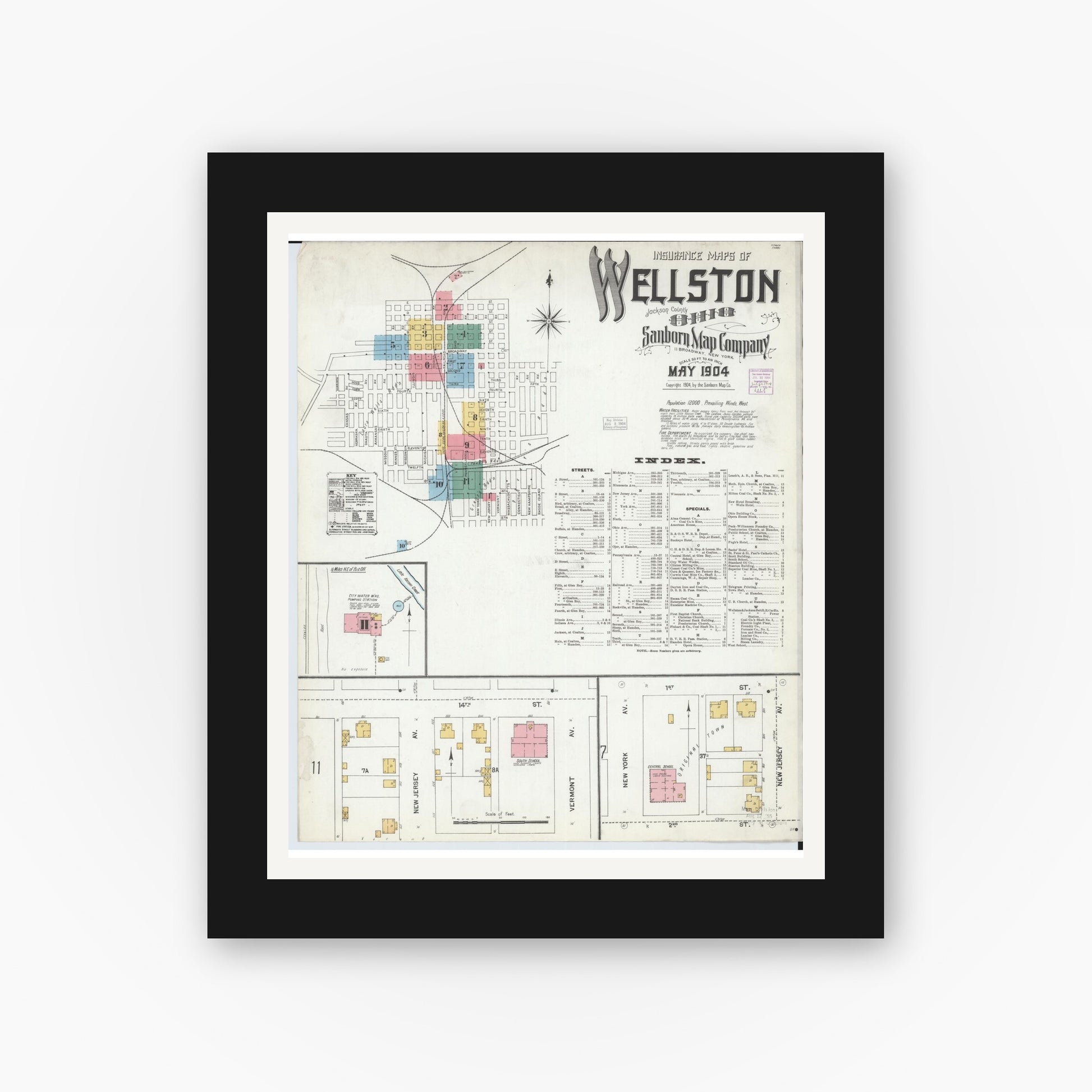 Old map wall art mockup — black gallery frame with white mat — Sanborn Fire Insurance Map from Wellston, Jackson County, Ohio (1904) - Complete Map Set