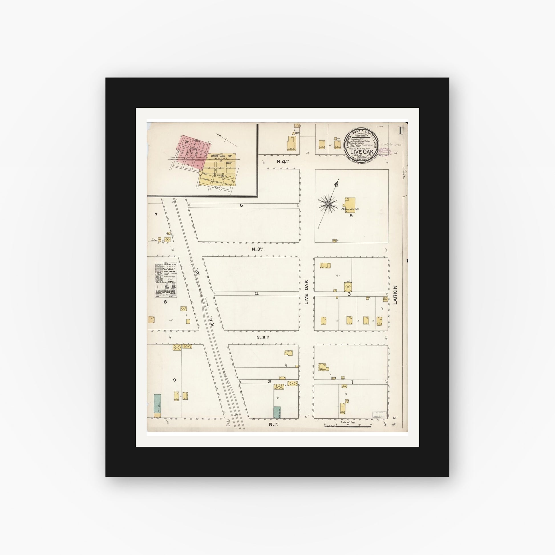 Old map wall art mockup — black gallery frame with white mat — Sanborn Fire Insurance Map from Live Oak, Sutter County, California (1893) - Complete Map Set