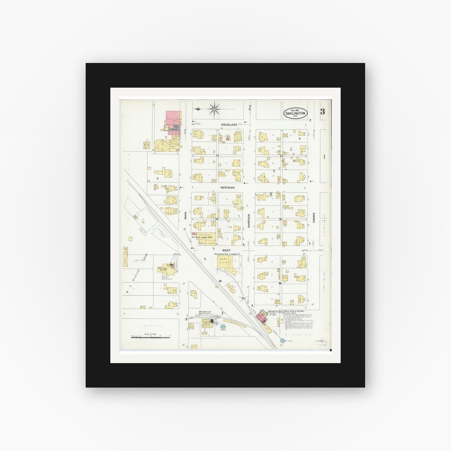 Old map wall art mockup — black gallery frame with white mat — Sanborn Fire Insurance Map from Darlington, Montgomery County, Indiana (1909), Sheet #0003