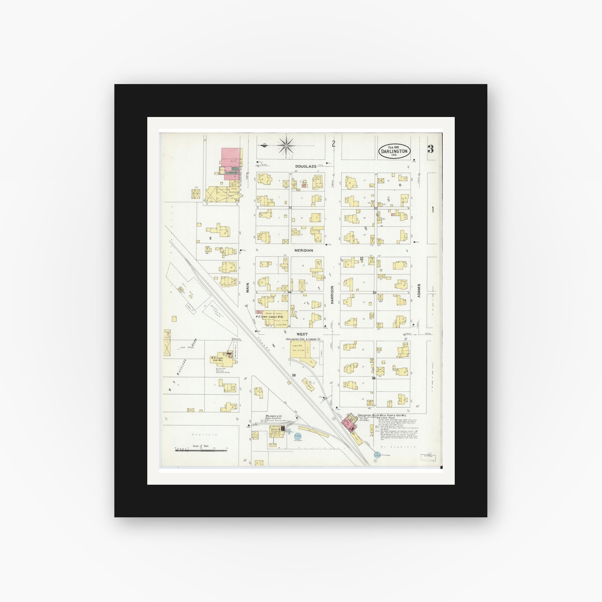 Old map wall art mockup — black gallery frame with white mat — Sanborn Fire Insurance Map from Darlington, Montgomery County, Indiana (1909), Sheet #0003