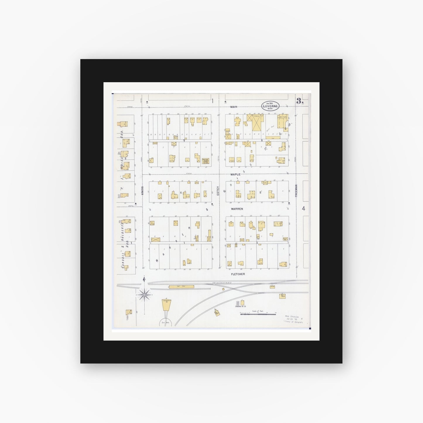 Old map wall art mockup — black gallery frame with white mat — Sanborn Fire Insurance Map from Luverne, Rock County, Minnesota (1900), Sheet #0003