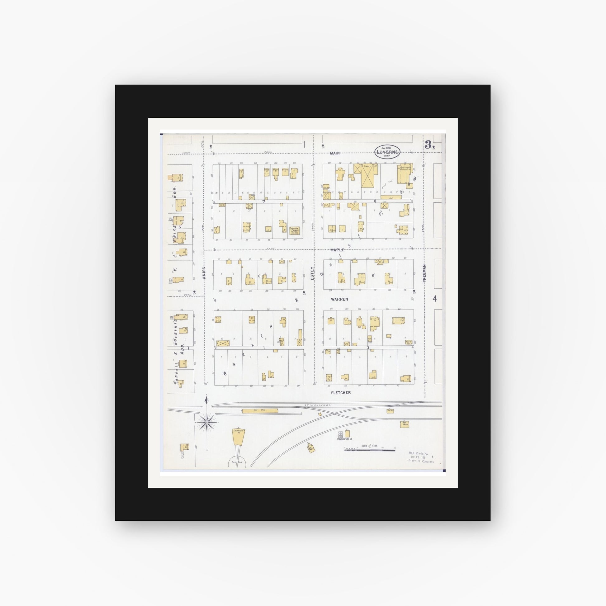 Old map wall art mockup — black gallery frame with white mat — Sanborn Fire Insurance Map from Luverne, Rock County, Minnesota (1900), Sheet #0003