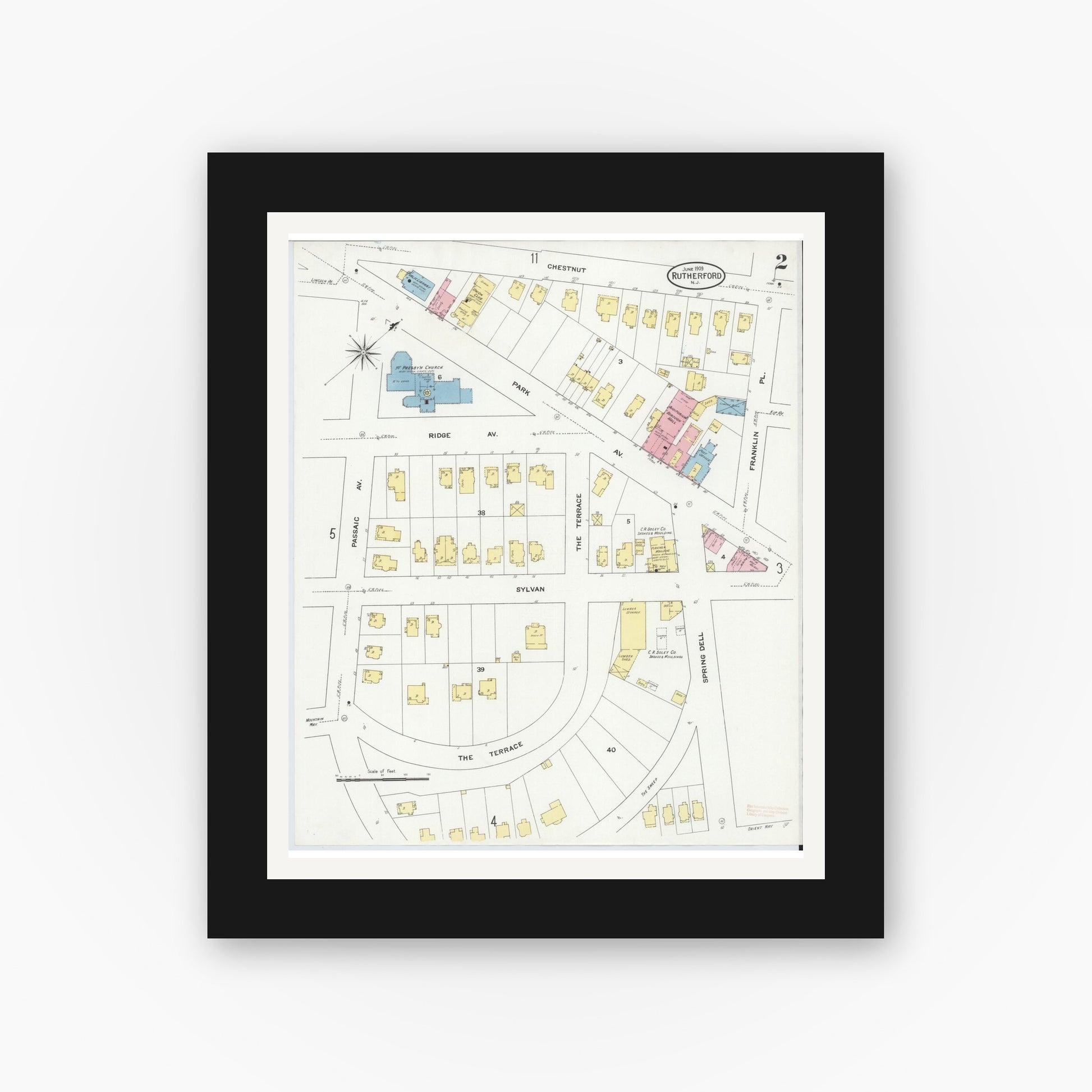 Old map wall art mockup — black gallery frame with white mat — Sanborn Fire Insurance Map from Rutherford, Bergen County, New Jersey (1909) - Complete Map Set