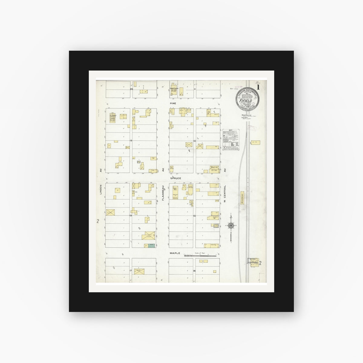 Old map wall art mockup — black gallery frame with white mat — Sanborn Fire Insurance Map from Fifield, Price County, Wisconsin (1909) - Complete Map Set