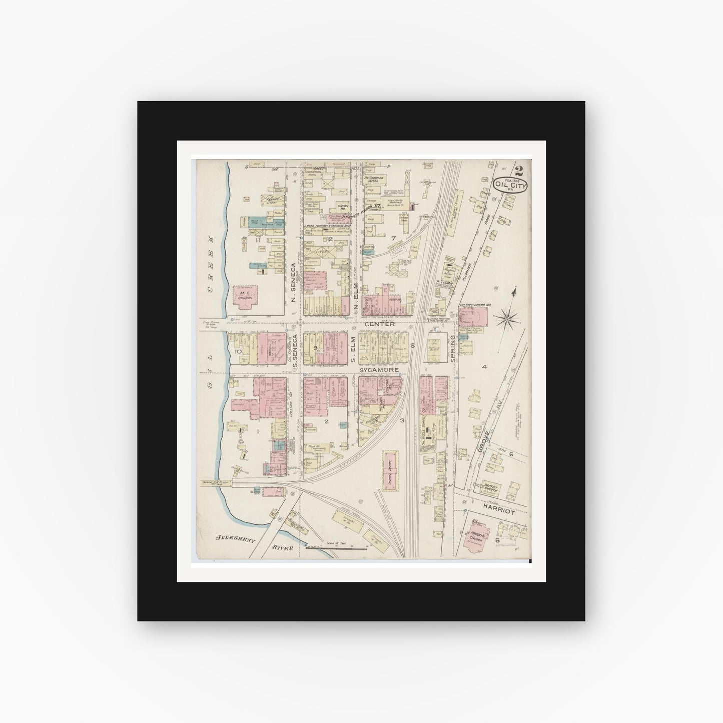 Old map wall art mockup — black gallery frame with white mat — Sanborn Fire Insurance Map from Oil City, Venango County, Pennsylvania (1888), Sheet #0002