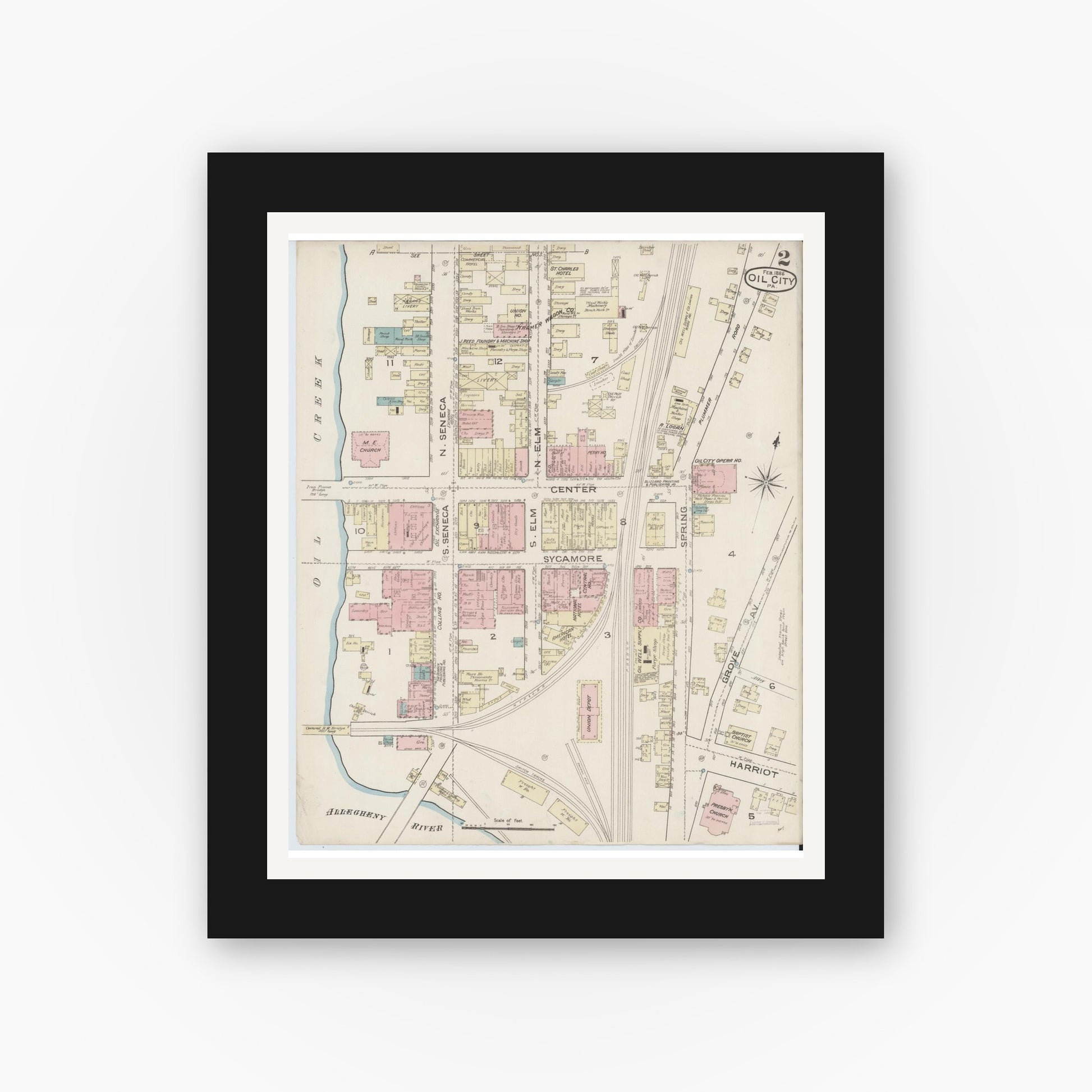 Old map wall art mockup — black gallery frame with white mat — Sanborn Fire Insurance Map from Oil City, Venango County, Pennsylvania (1888), Sheet #0002