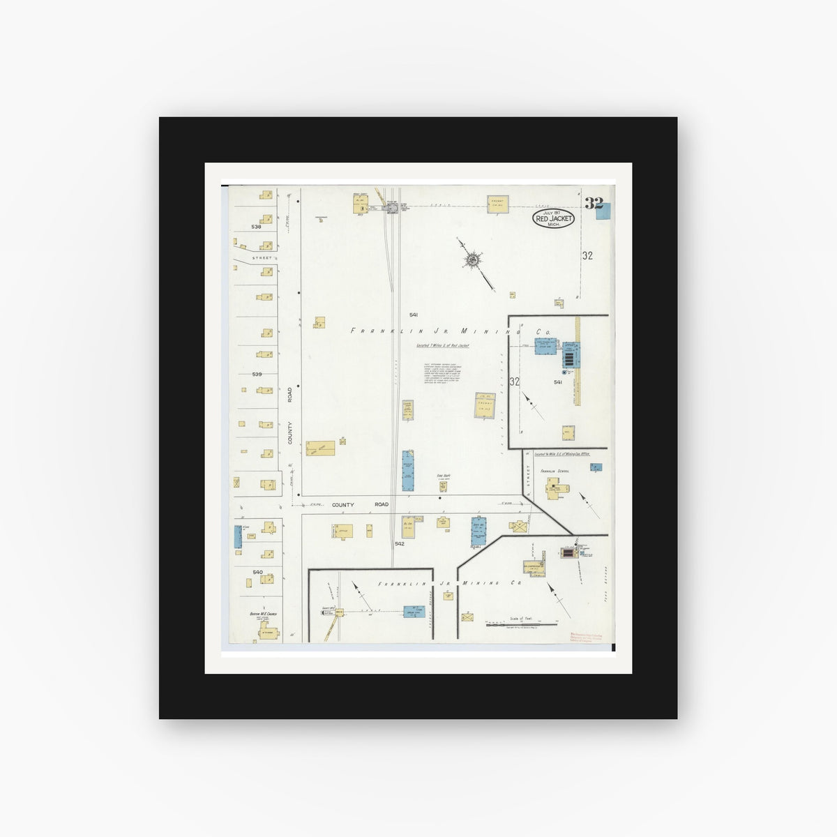 Old map wall art mockup — black gallery frame with white mat — Sanborn Fire Insurance Map from Red Jacket, Houghton County, Michigan (1917), Sheet #0032