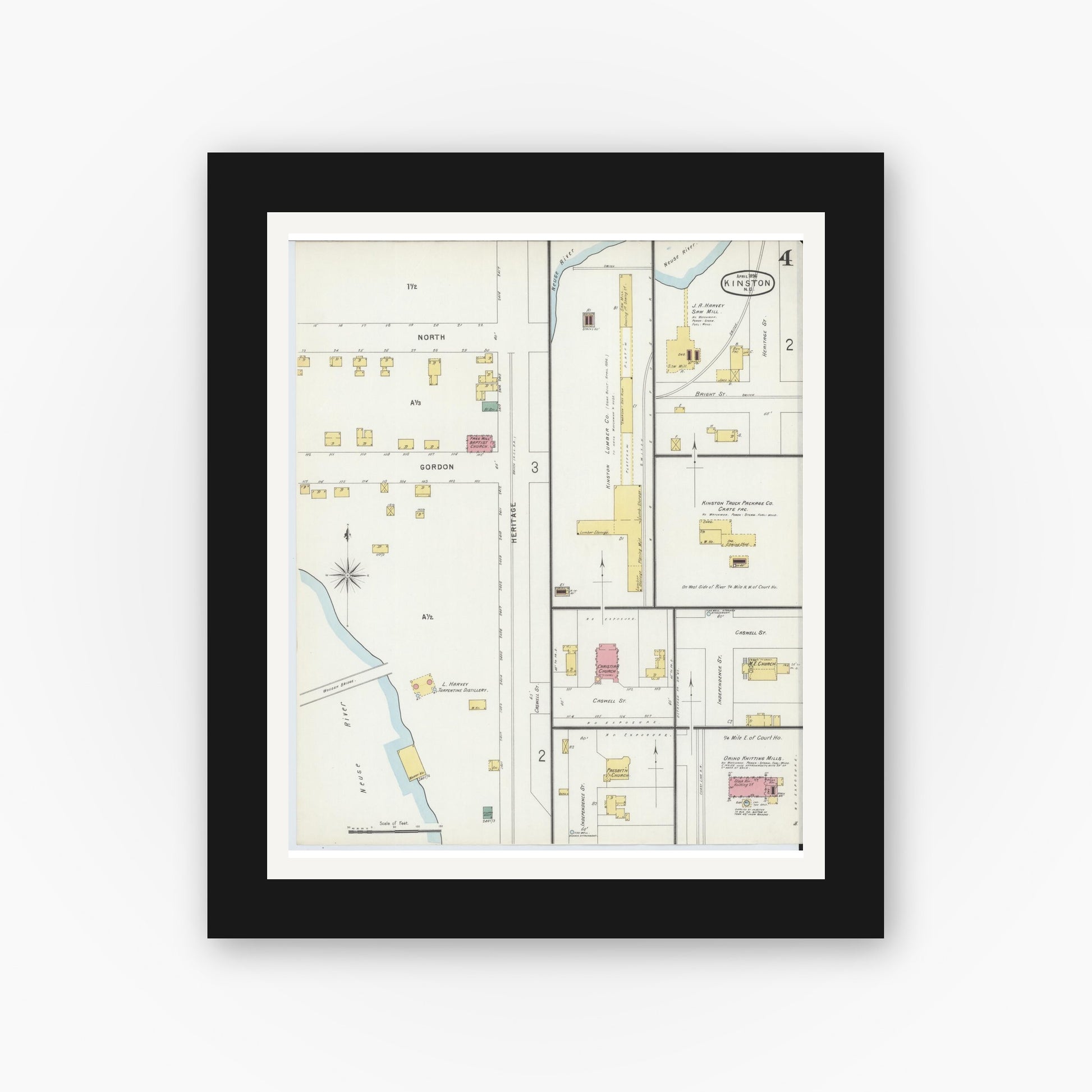 Old map wall art mockup — black gallery frame with white mat — Sanborn Fire Insurance Map from Kinston, Lenoir County, North Carolina (1896), Sheet #0004